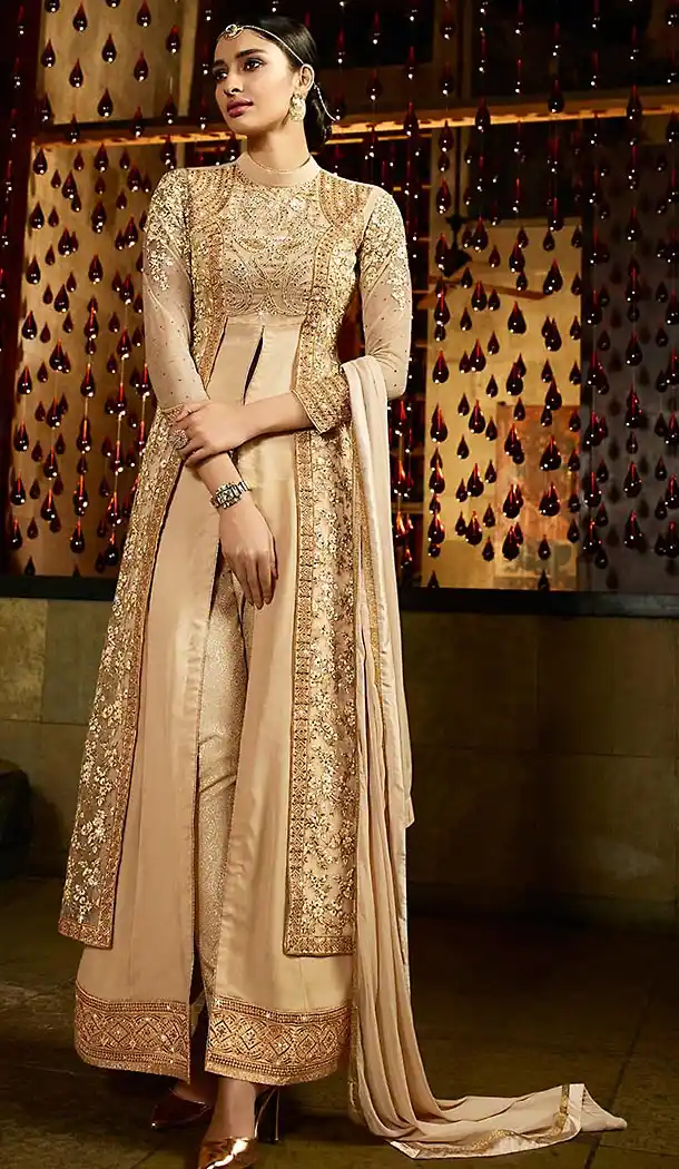 Tan Brown Color Georgette Party Wear Narrow Pants Dresses | FH473873401