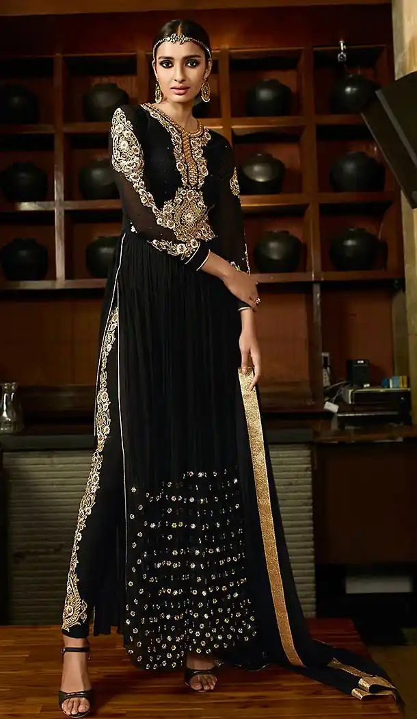 Black Color Georgette Party Wear Narrow Pants Dresses | FH473873402