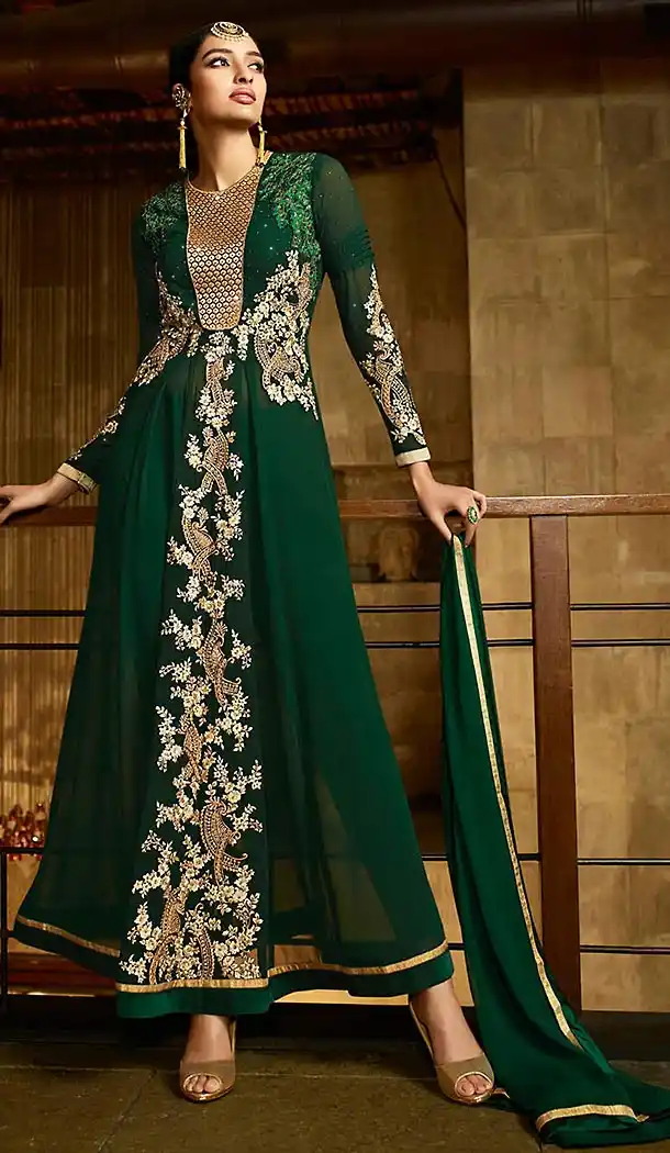Chrome Green Color Georgette Party Wear Narrow Pants Dresses | FH473873403