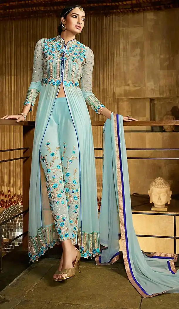 Light Turquoise Color Georgette Party Wear Narrow Pants Dresses | FH473873404