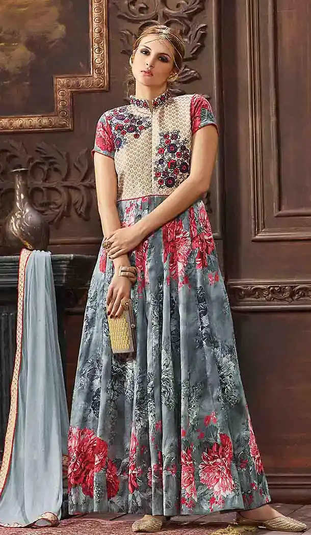 Slate Grey Color Banarasi Silk Abaya Style Party Wear Suits | FH474673481