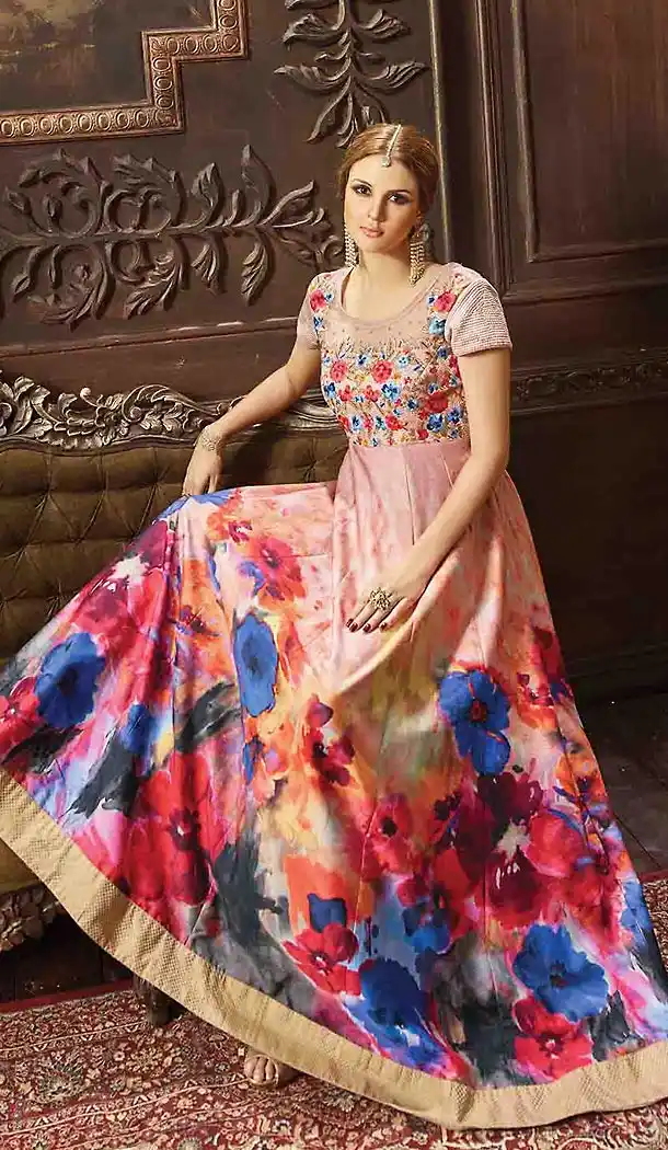 Salmon Color Banarasi Silk Abaya Style Party Wear Suits | FH474673482