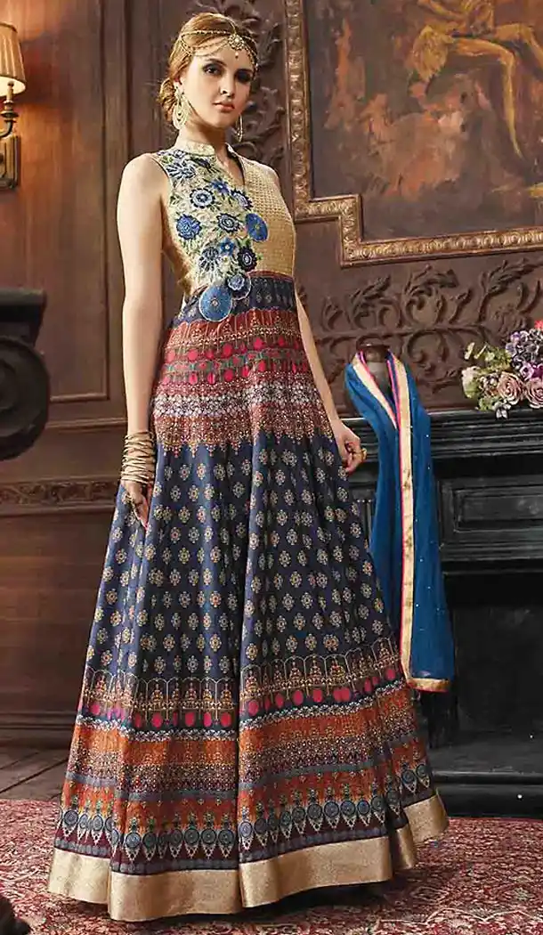 Navy Blue Color Banarasi Silk Abaya Style Party Wear Suits | FH474673483