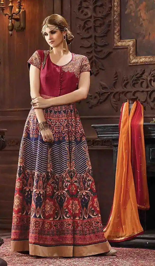 Crimson Color Banarasi Silk Abaya Style Party Wear Suits | FH474673484