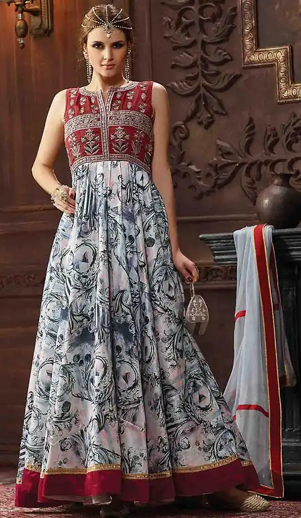 Dove Color Banarasi Silk Abaya Style Party Wear Suits | FH474673486
