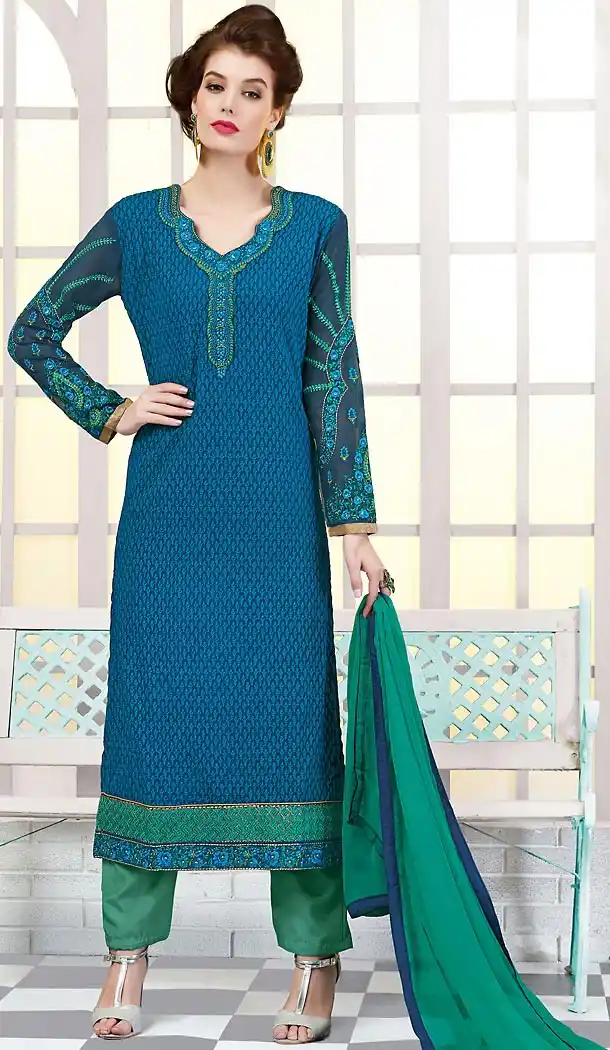 Blue Color Georgette Straight Cut Stitched Salwar Kameez | FH474773489