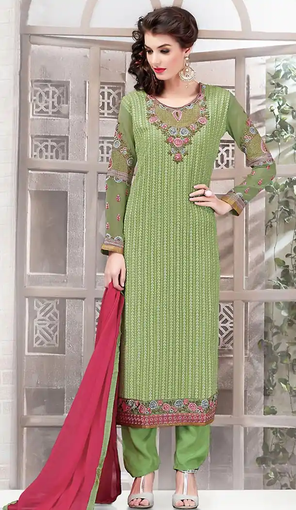 Green Color Georgette Straight Cut Stitched Salwar Kameez | FH47477348891