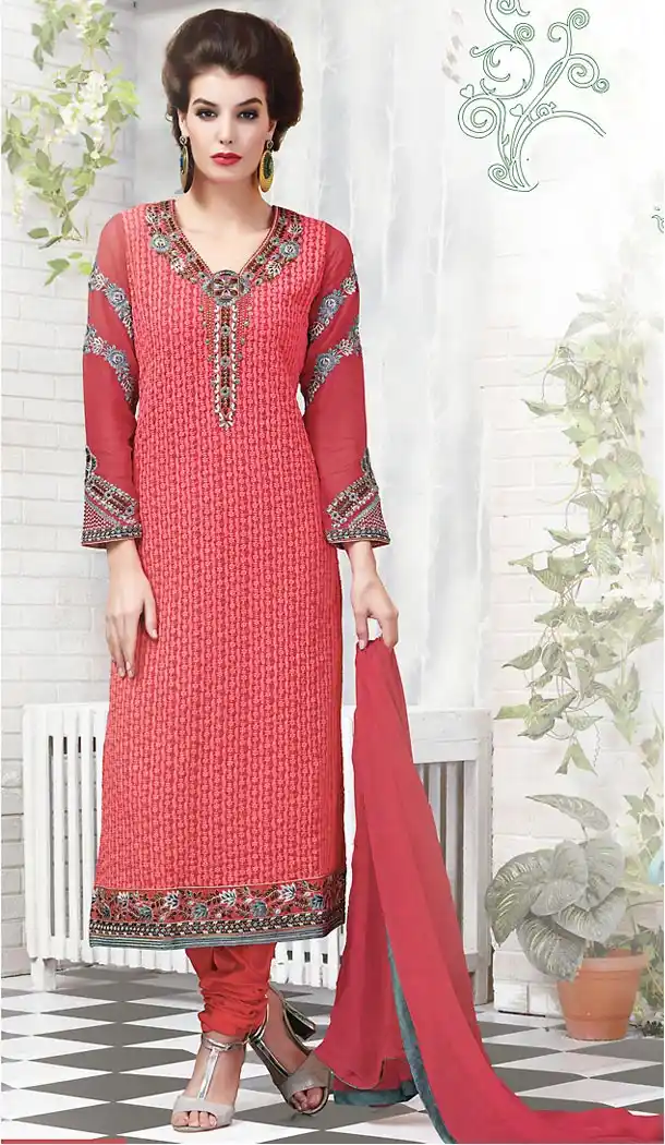 Red Color Georgette Straight Cut Stitched Salwar Kameez | FH47477348893