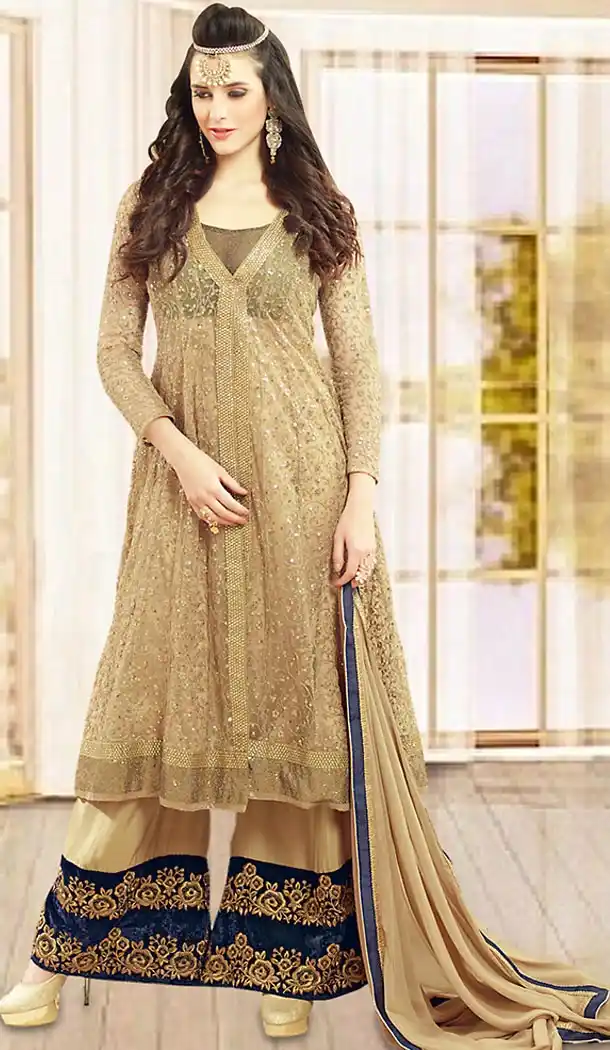 Brown Color Georgette,Net Party Wear Palazzo Suits | FH475573582