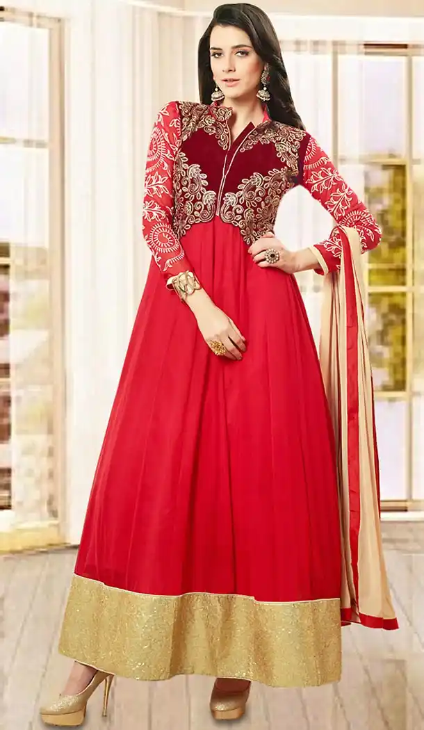 Red Color Georgette,Net Party Wear Churidar Suits | FH475573583