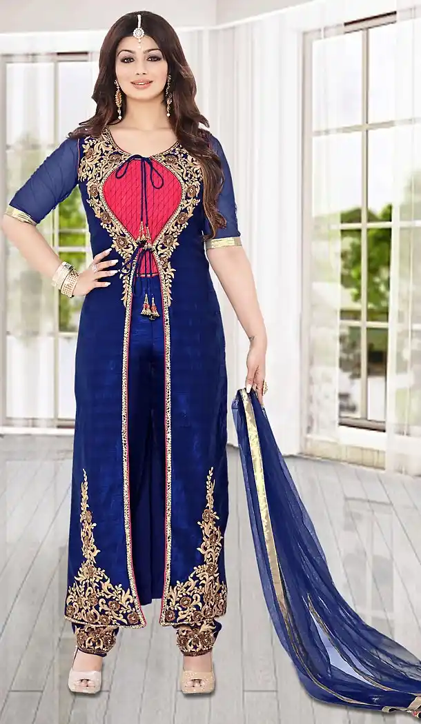 Ayesha Takia Koti Style Panjabi Patiyal Suit in Bhagalpuri Silk Blue Color | FH475673587