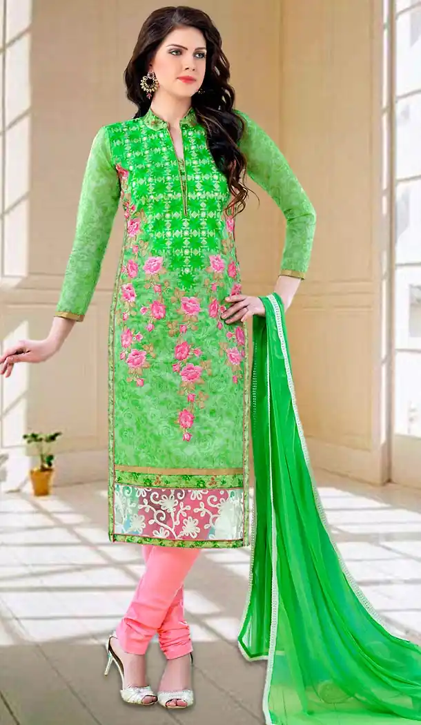 Green Color Cotton Straight Cut Daily Use Churidar Kameez | FH475773590