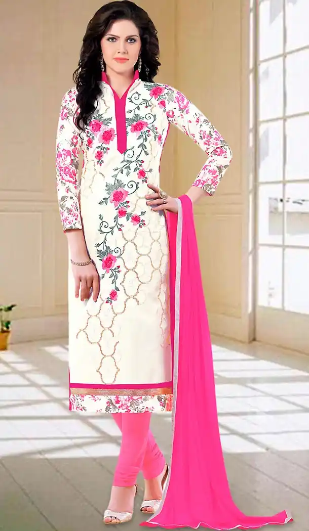 White Color Cotton Straight Cut Daily Use Churidar Kameez | FH475773591