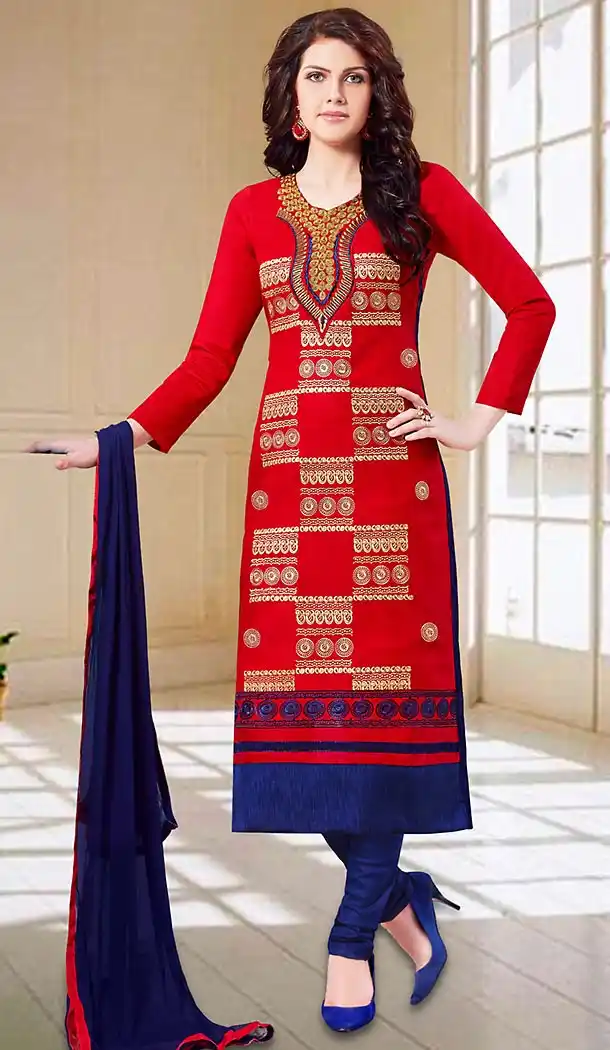 Red Color Cotton Straight Cut Daily Use Churidar Kameez | FH475773592