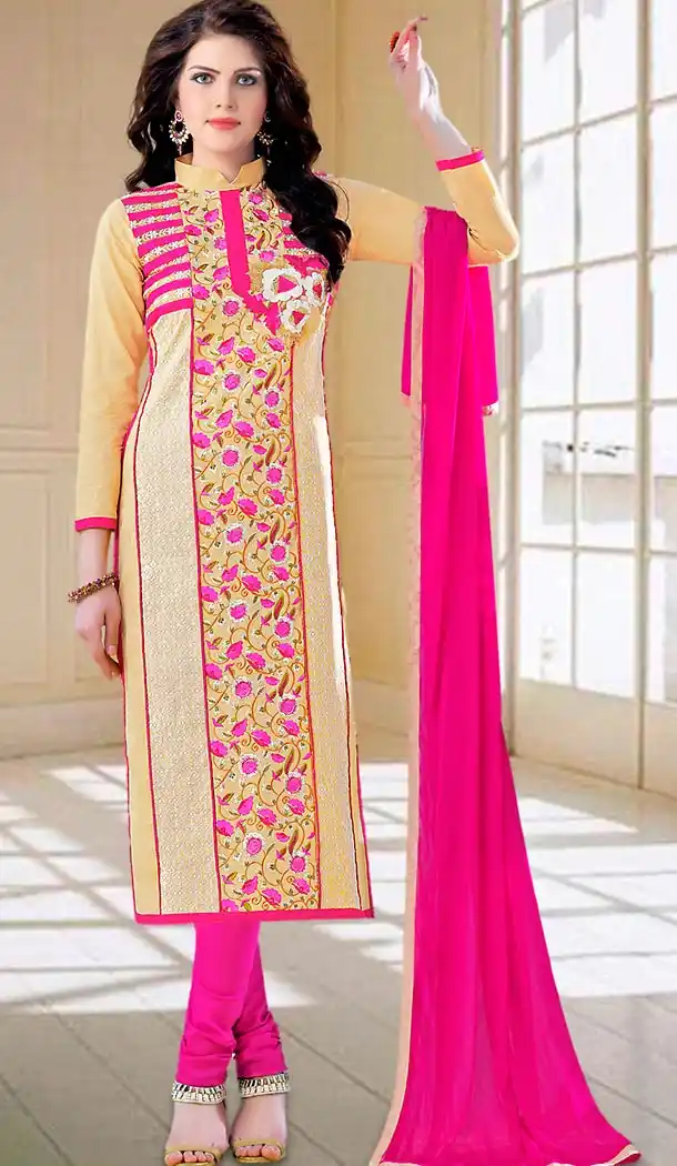 Beige Color Cotton Straight Cut Daily Use Churidar Kameez | FH475773594