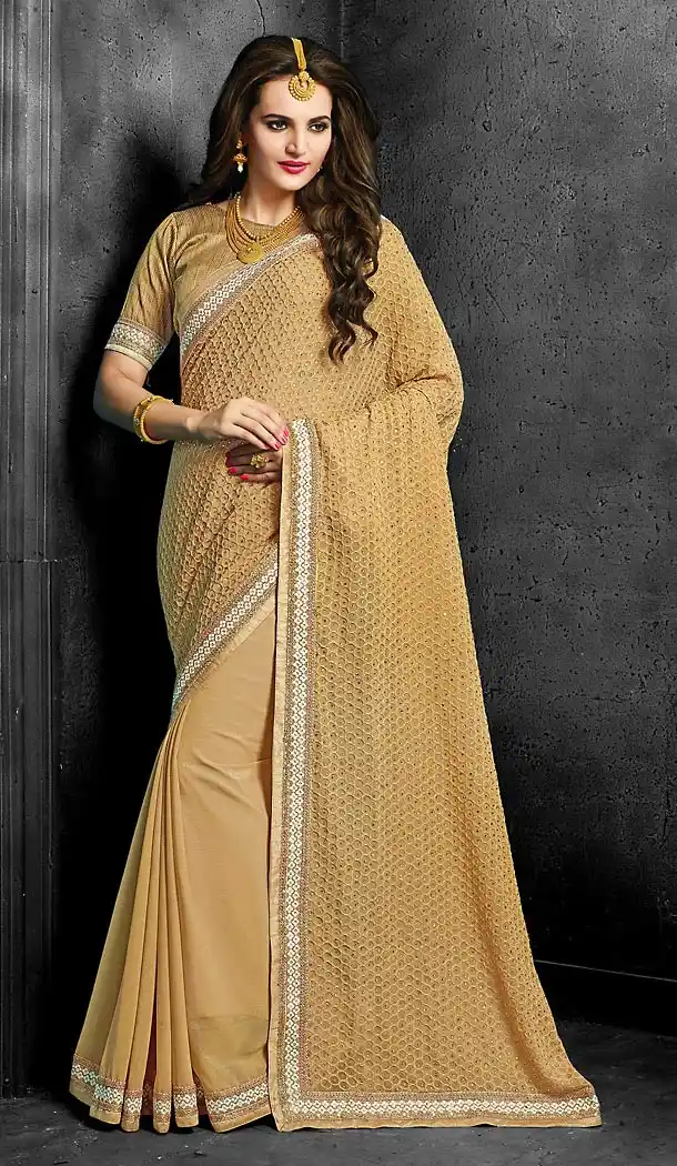Brown Color Georgette and Crepe Silk Designer Style Sarees | FH475873609
