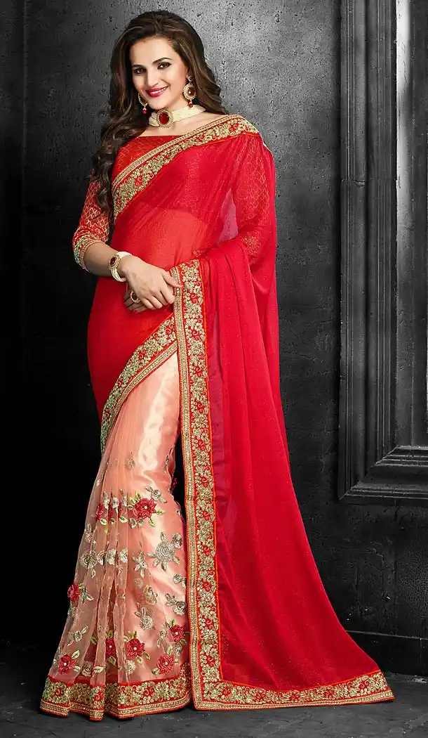 Red Color Chiffon and Net Designer Style Sarees | FH475873612