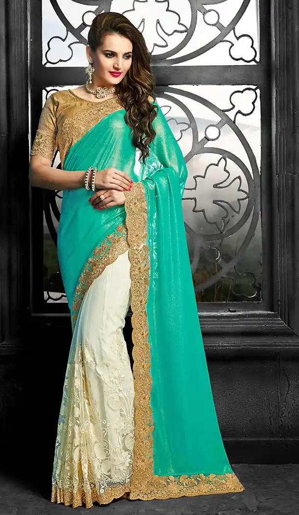 Turquoise Color Chiffon and Net Designer Style Sarees | FH475873613
