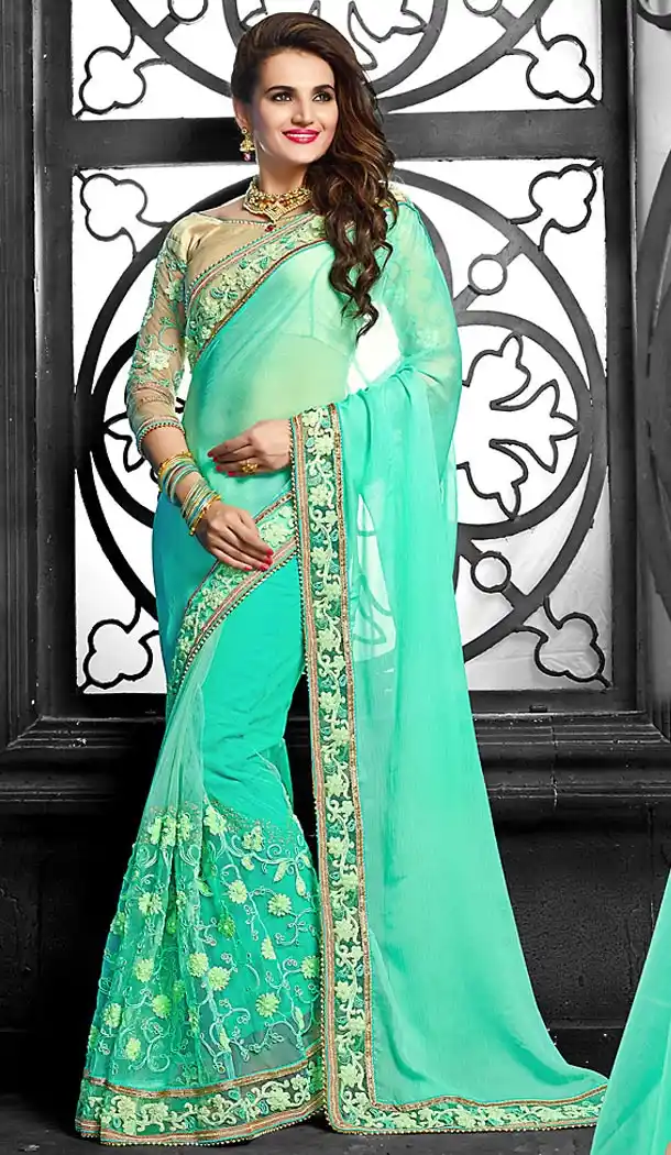 Turquoise Color Chiffon and Net Designer Style Sarees | FH475873618