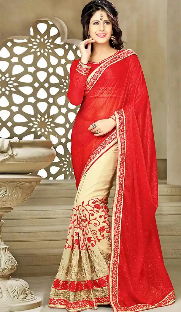 Red Color Georgette and Lycra Traditional Sarees | FH476073631