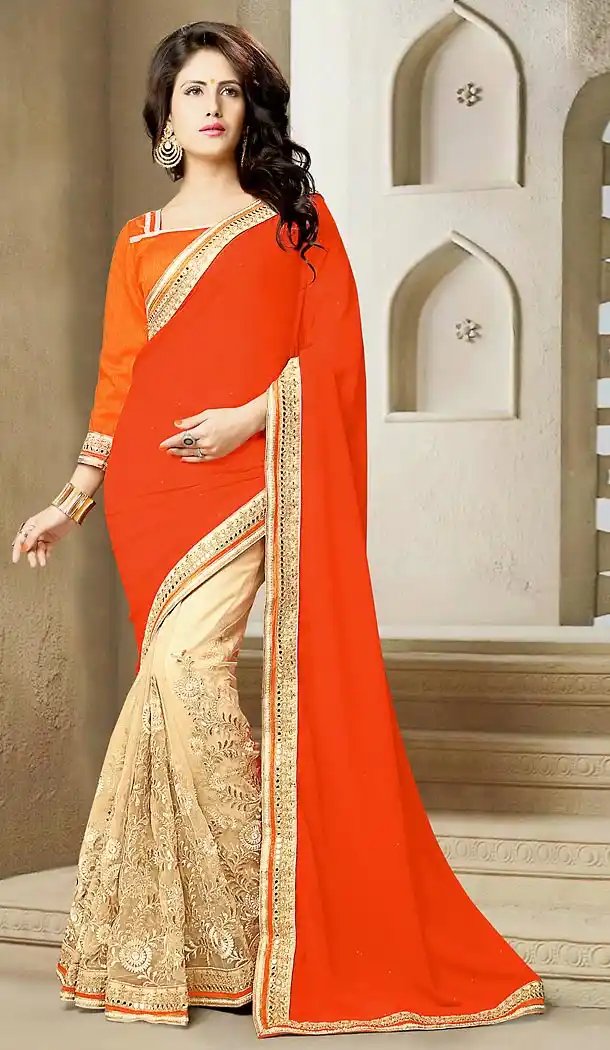 Orange Color Georgette and Net Traditional Sarees | FH476073638