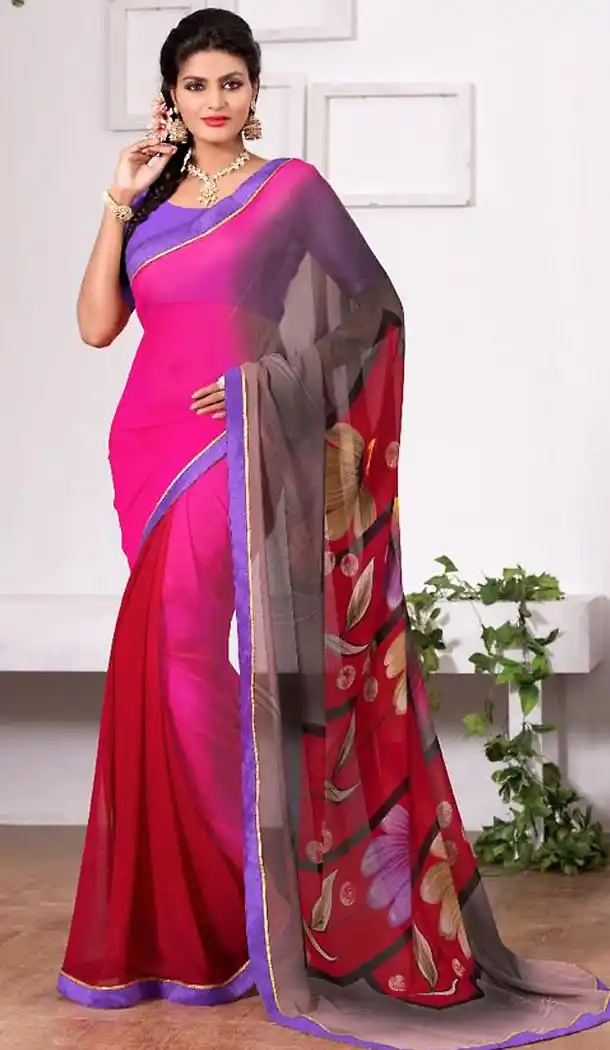 Pink Color Georgette Geometric Print Sarees | FH476273660