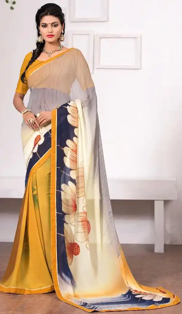 Yellow Color Georgette Geometric Print Sarees | FH476273661