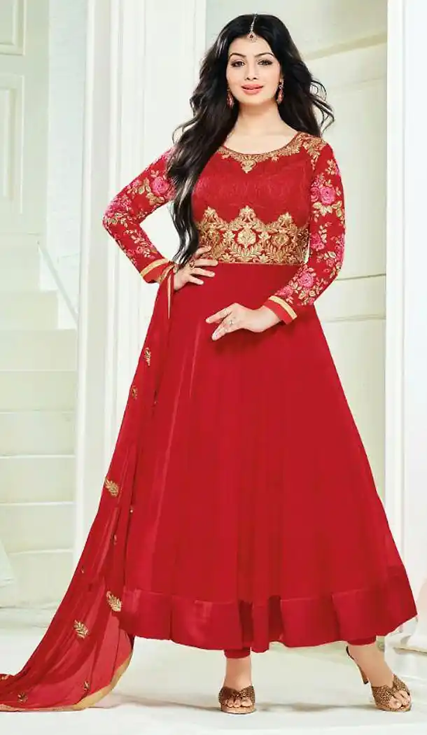 Ayesha Takia Anarkali Style Suit in Georgette Red Color | FH476673698