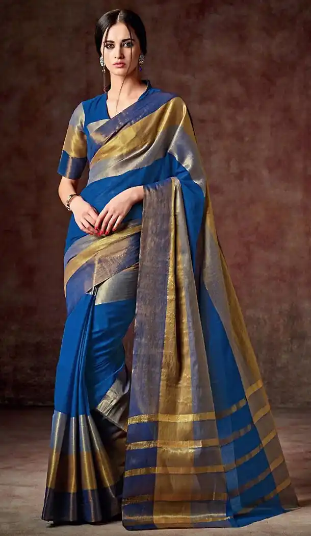 Blue Color Cotton Contemporary Style Saree | FH476773758