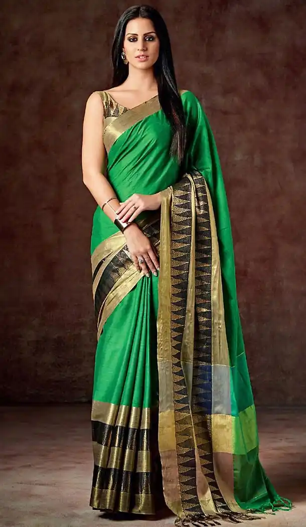Green Color Cotton Contemporary Style Saree | FH476773760