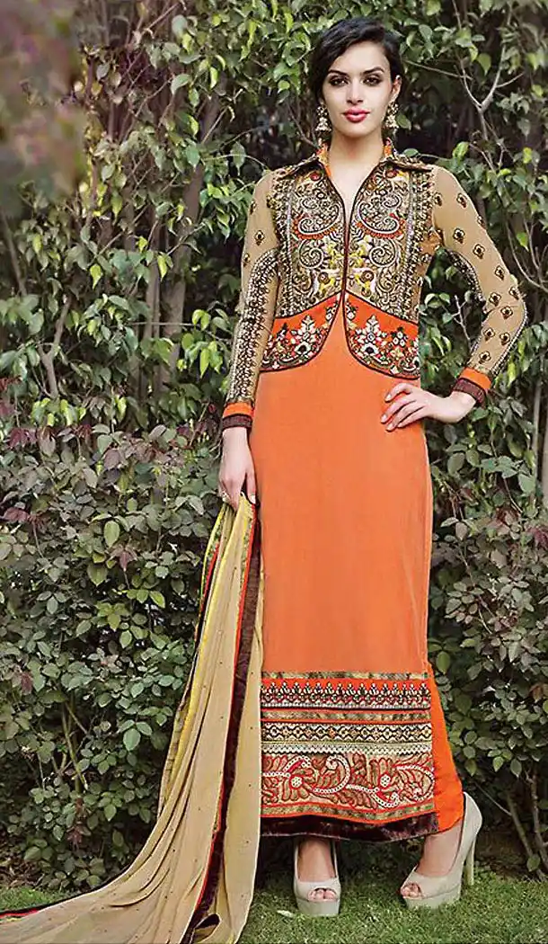 Orange Color Net Straight Cut Churidar Suit | FH476873704