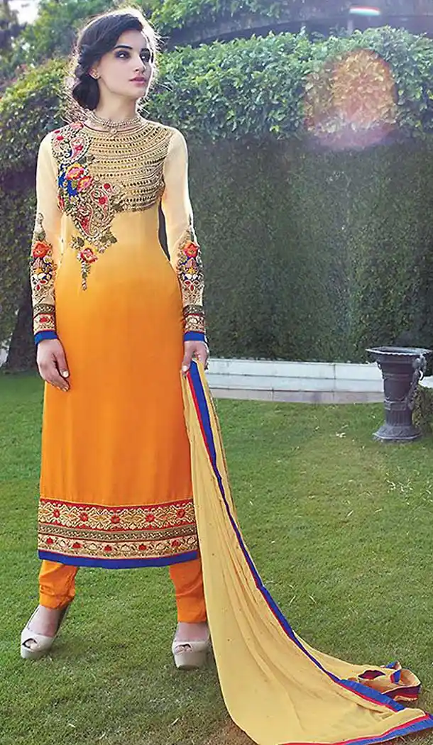 Orange Color Georgette Straight Cut Churidar Suit | FH476873706