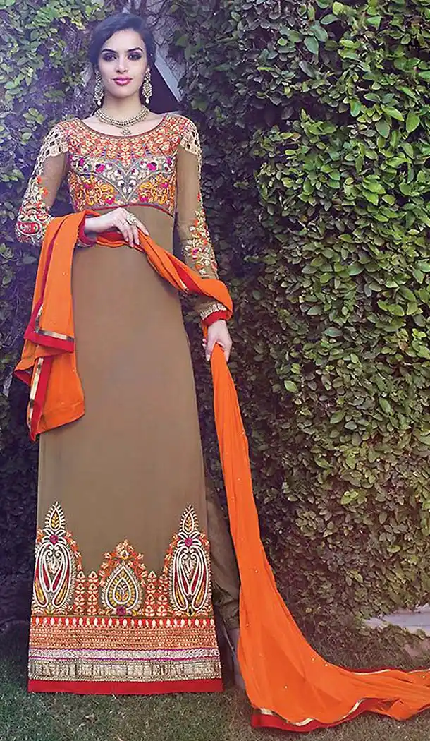 Brown Color Georgette Straight Cut Churidar Suit | FH476873707