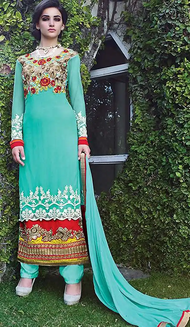 Turquoise Color Net Straight Cut Churidar Suit | FH476873708