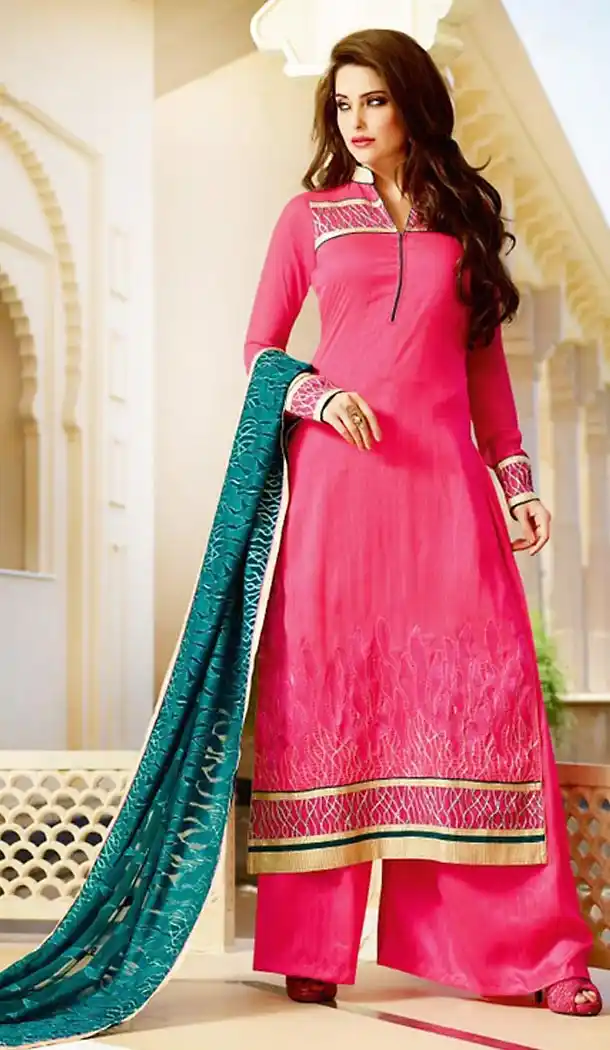 Tussar Silk Fabric Pink Color Straight Cut Palazzo Kurta Dresses | FH477073725