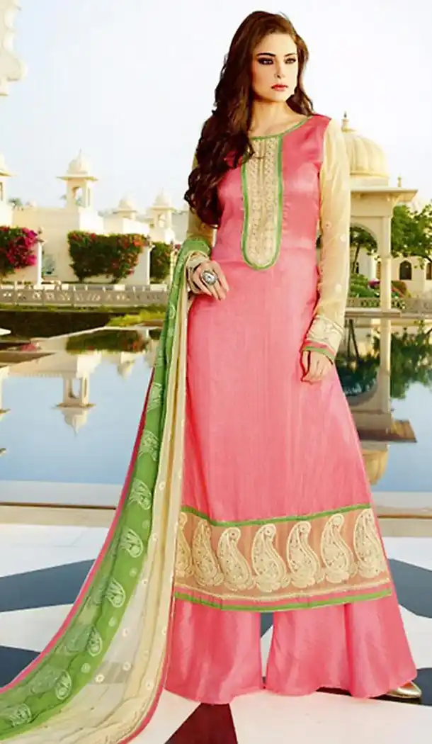 Tussar Silk Fabric Pink Color Straight Cut Palazzo Kurta Dresses | FH477073727