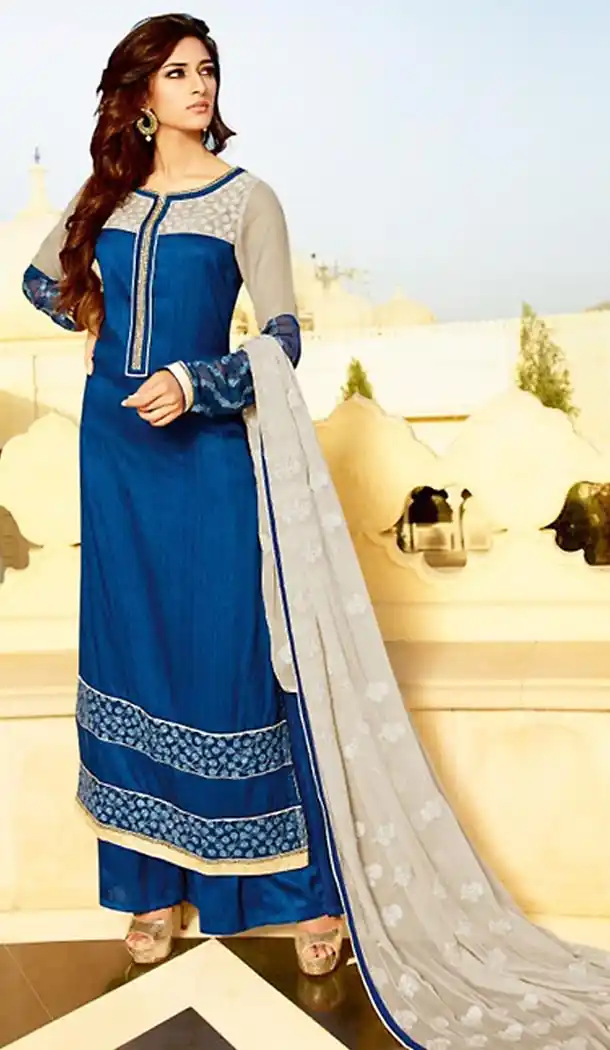 Tussar Silk Fabric Blue Color Straight Cut Palazzo Kurta Dresses | FH477073728