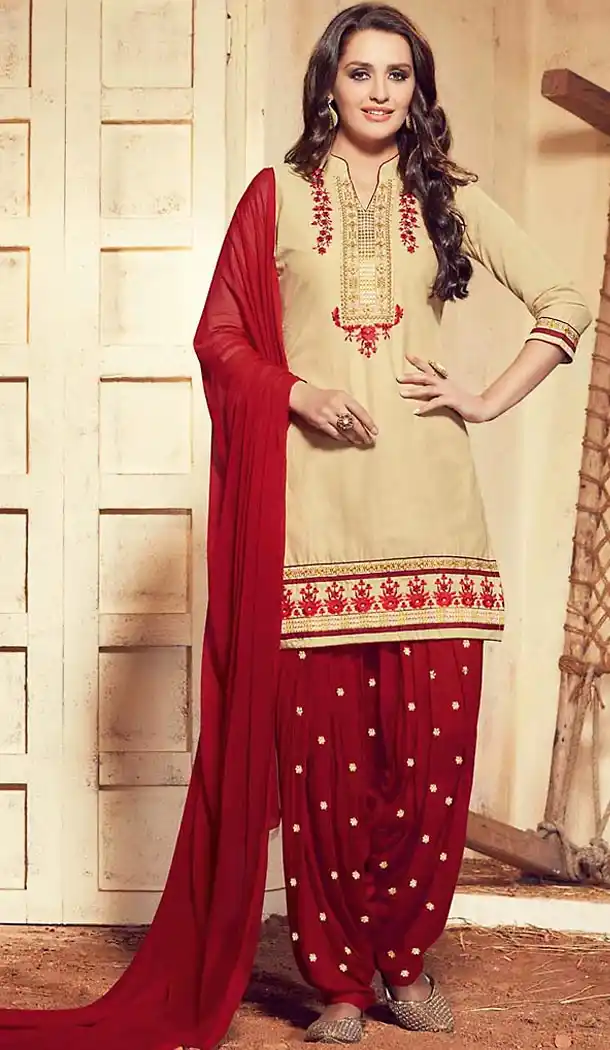 Cotton Fabric Beige Color Straight Cut Punjabi Patiyala Dress | FH477273739
