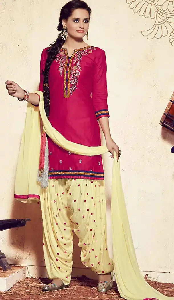 Cotton Fabric Pink Color Straight Cut Punjabi Patiyala Dress | FH477273740