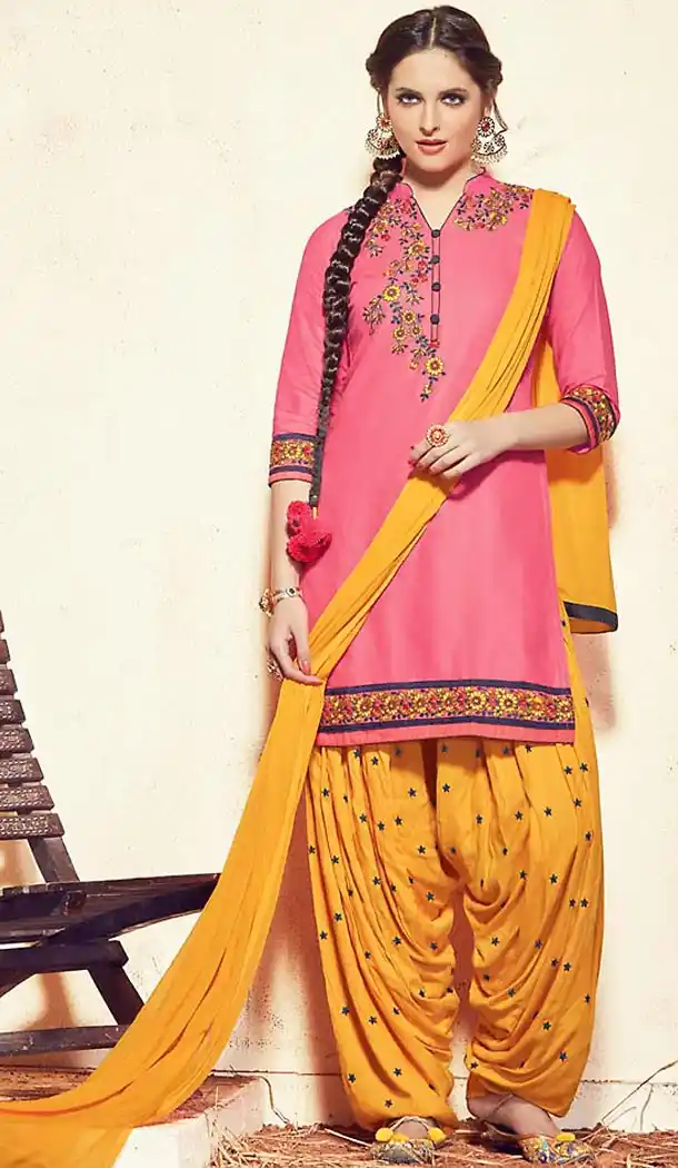 Cotton Fabric Pink Color Straight Cut Punjabi Patiyala Dress | FH477273741