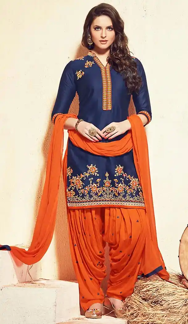 Cotton Fabric Blue Color Straight Cut Punjabi Patiyala Dress | FH477273742