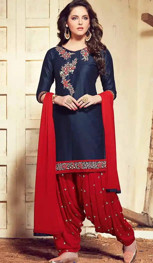 Cotton Fabric Blue Color Straight Cut Punjabi Patiyala Dress | FH477273745
