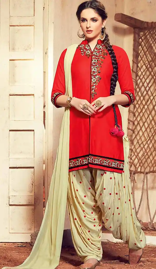 Cotton Fabric Red Color Straight Cut Punjabi Patiyala Dress | FH477273746