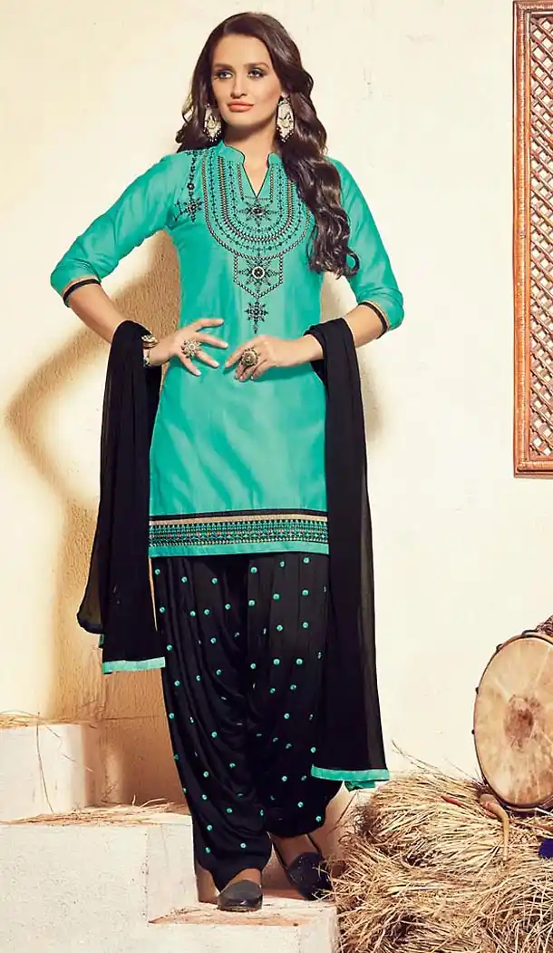 Cotton Fabric Turquoise Color Straight Cut Punjabi Patiyala Dress | FH477273747