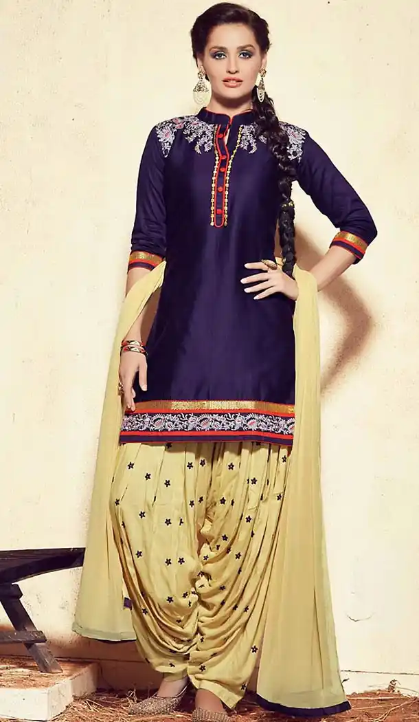 Cotton Fabric Blue Color Straight Cut Punjabi Patiyala Dress | FH477273748