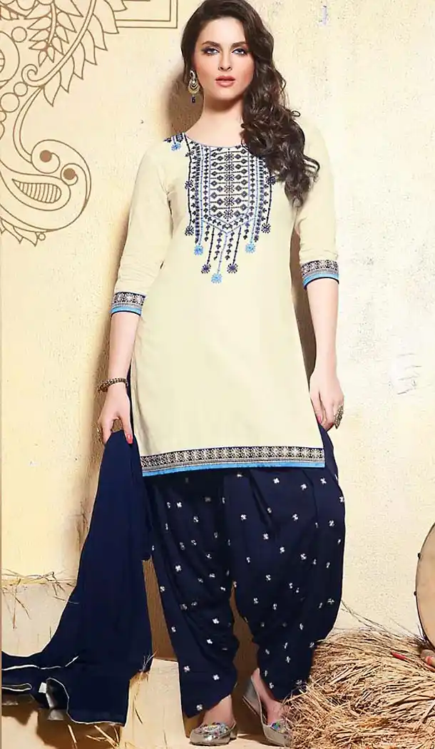 Cotton Fabric Beige Color Straight Cut Punjabi Patiyala Dress | FH477273749