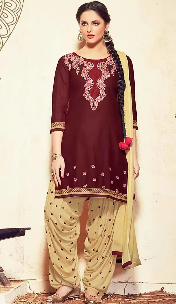Cotton Fabric Maroon Color Straight Cut Punjabi Patiyala Dress | FH477273750
