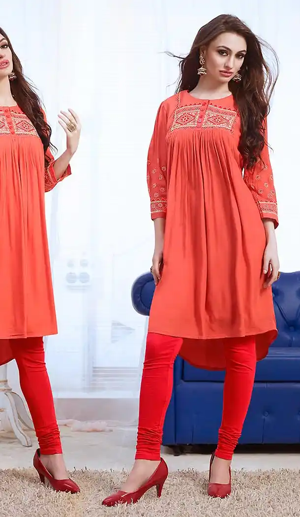 Coral Color Cotton A-line Style Readymade Kurtis | FH477373763