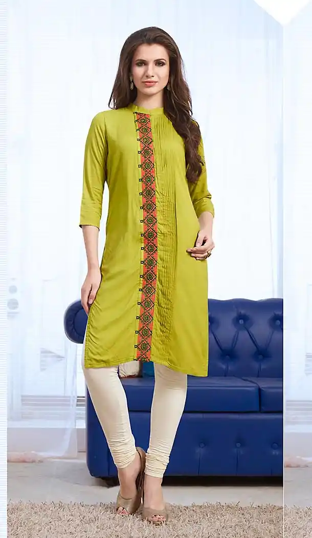 Mehendi Green Color Cotton Straight Style Readymade Kurtis | FH477373766