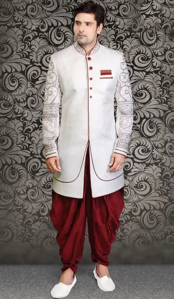 White Color Brocade Indo Western Menswear Suit | FH477973837